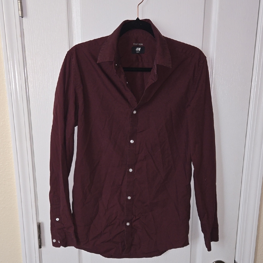 H&M Men's Button-Up Shirt in Deep Burgundy